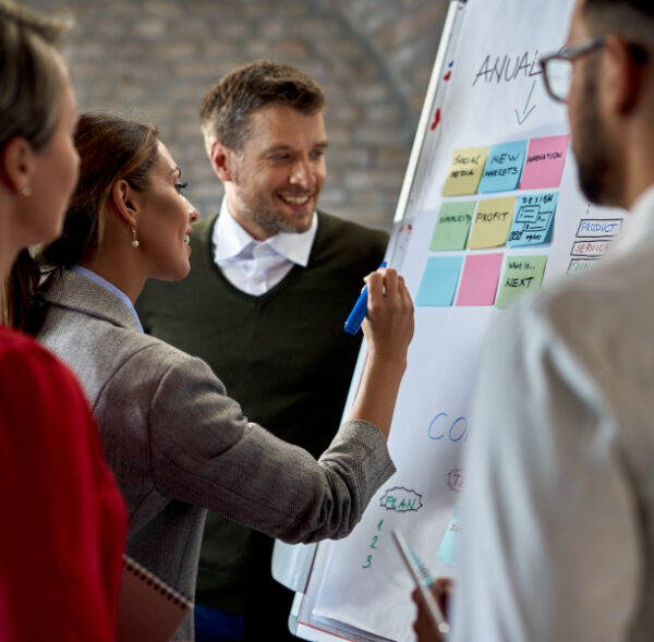 Business team cooperating while making new plans on a whiteboard in the office. Focus is on businesswoman writing the notes.