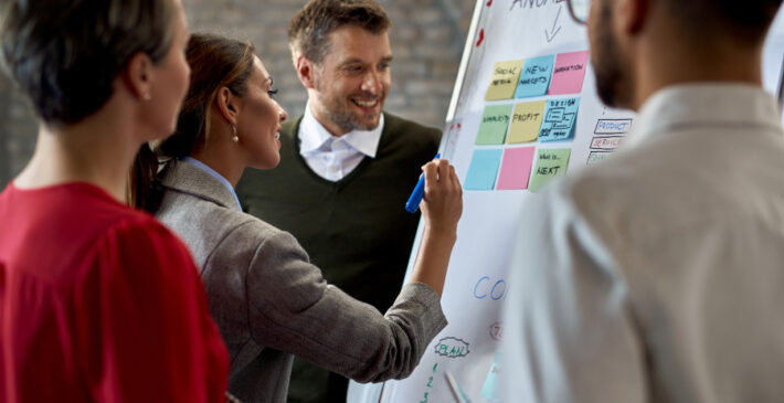 Business team cooperating while making new plans on a whiteboard in the office. Focus is on businesswoman writing the notes.