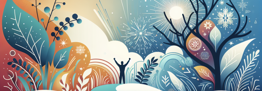 An image that symbolizes saying goodbye to winter blues and welcoming the new year with positivity. The concept should be deep rather than literal in the style of a modern illustration. Make sure not to include any text, only visuals. The image should bring forth feelings of motivation, brightness and hope for the year ahead.