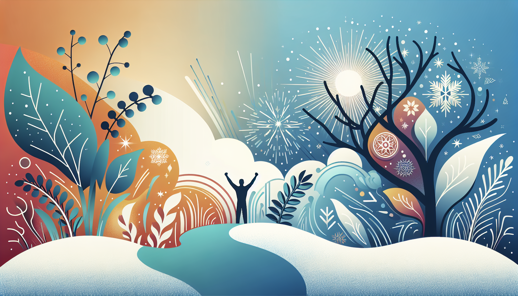 An image that symbolizes saying goodbye to winter blues and welcoming the new year with positivity. The concept should be deep rather than literal in the style of a modern illustration. Make sure not to include any text, only visuals. The image should bring forth feelings of motivation, brightness and hope for the year ahead.