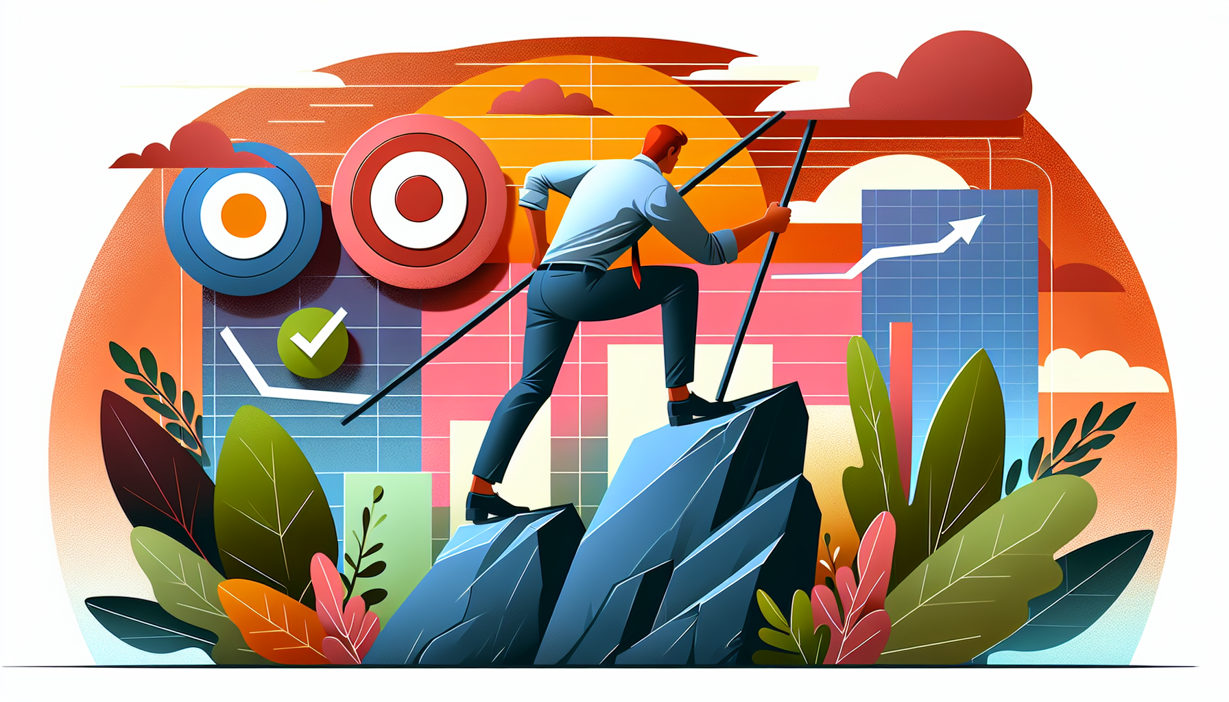 Illustration of perseverance as the key to success in a professional setting. Nothing else but a colorful modern tableau showing an individual conquering a challenging task, informed by a strong level of dedication and commitment.