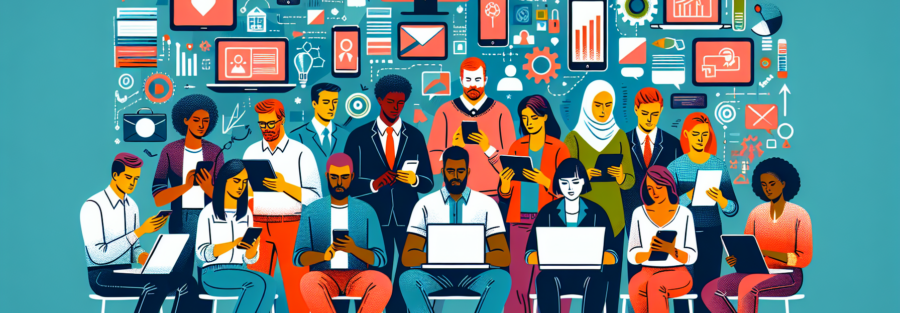 An illustration displaying the empowerment of digital competence: People of diverse descents such as Caucasian, South Asian, Hispanic, Black, Middle-Eastern, and White using technology efficiently. The scene should be depicted in a modern, colorful style with no text. Tech devices like smartphones, laptops, and tablets should be visible and should show evidence of productive use, maybe with some educational or professional applications open. Please ensure the scene is vibrant, engaging, and free of any textual content.