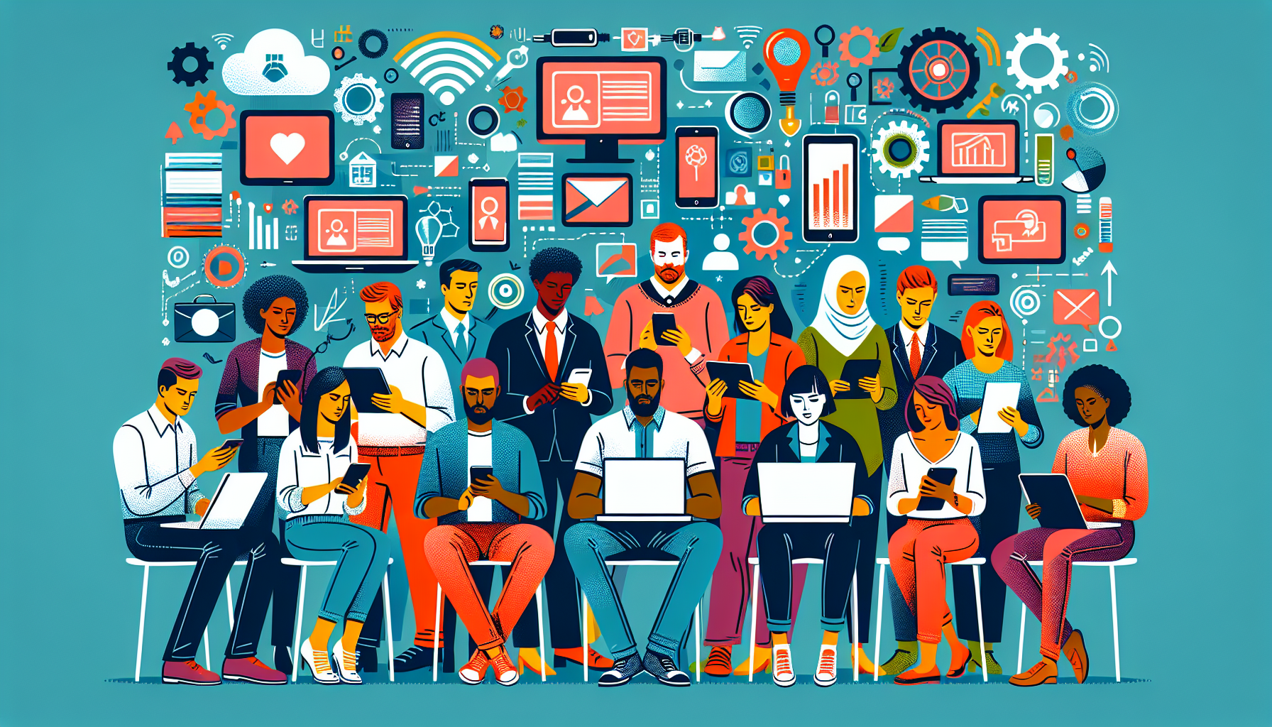 An illustration displaying the empowerment of digital competence: People of diverse descents such as Caucasian, South Asian, Hispanic, Black, Middle-Eastern, and White using technology efficiently. The scene should be depicted in a modern, colorful style with no text. Tech devices like smartphones, laptops, and tablets should be visible and should show evidence of productive use, maybe with some educational or professional applications open. Please ensure the scene is vibrant, engaging, and free of any textual content.