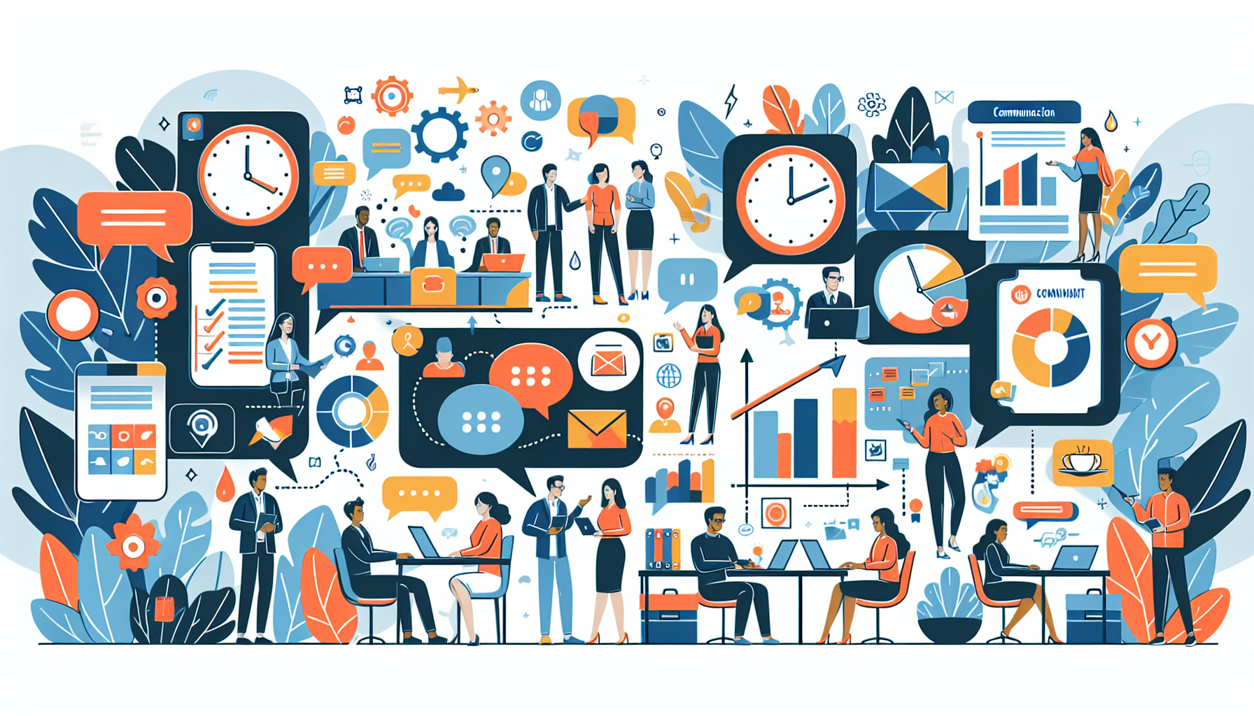 Illustration showcasing effective team communication strategies in a modern and colorful style. Please depict diverse teams involving their communication avenues to demonstrate ways of improving it. Ensure to display a wide range of communication methods like meetings, remote chats, project planning, brainstorming sessions, and daily check-ins. Length of the image should not exceed 1000px.