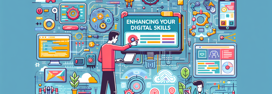 Enhancing your digital skills: tips for efficient use of technological tools. No words. Only a colorful and modern illustration. Display a technology-savvy individual interacting with various digital tools - from coding software to advanced machinery. The colors should be bright and appealing with a modern aesthetic. The individual should be shown as confident and competent, deftly handling the technology, perhaps solving a complex problem or creating something innovative.