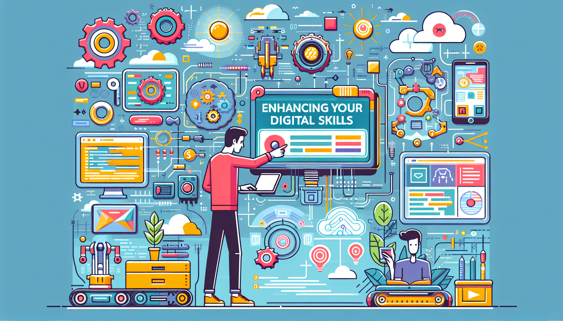 Enhancing your digital skills: tips for efficient use of technological tools. No words. Only a colorful and modern illustration. Display a technology-savvy individual interacting with various digital tools - from coding software to advanced machinery. The colors should be bright and appealing with a modern aesthetic. The individual should be shown as confident and competent, deftly handling the technology, perhaps solving a complex problem or creating something innovative.