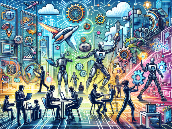 Create an image that represents Die Top-Skills für die Jobs von morgen. The scene should depict a futuristic workplace with diverse professionals engaged in cutting-edge tasks. Highlight technological