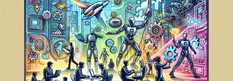 Create an image that represents Die Top-Skills für die Jobs von morgen. The scene should depict a futuristic workplace with diverse professionals engaged in cutting-edge tasks. Highlight technological