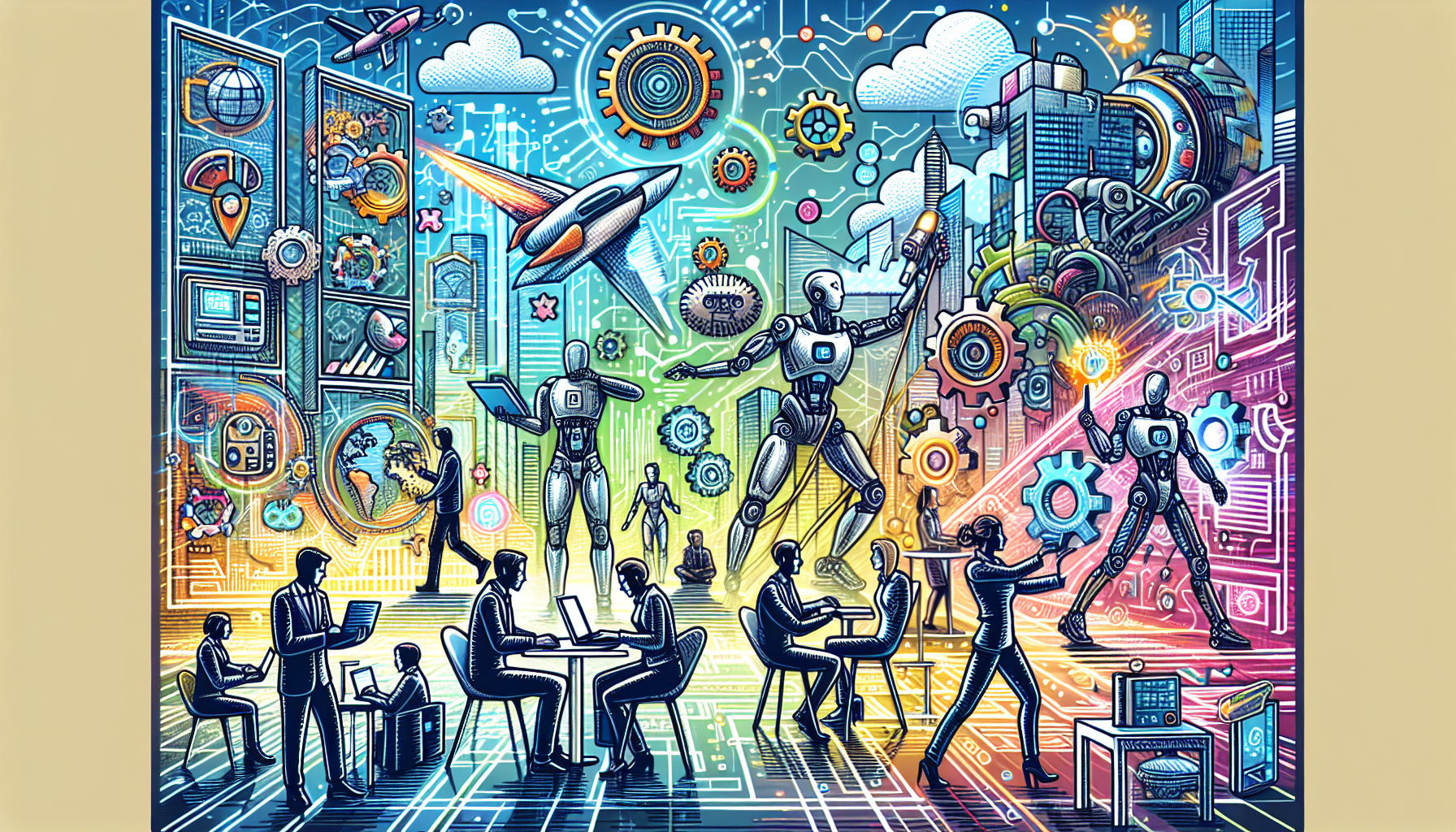 Create an image that represents Die Top-Skills für die Jobs von morgen. The scene should depict a futuristic workplace with diverse professionals engaged in cutting-edge tasks. Highlight technological